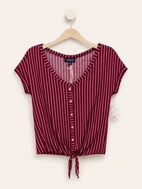 NWT ModCloth Timely Arrival Tie Waist Top -
Red and Pink Stripes